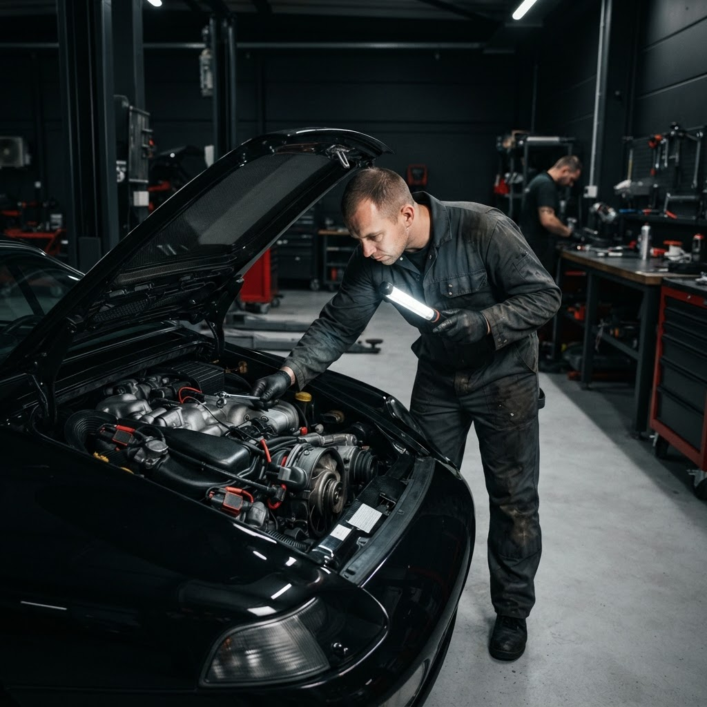 Mechanic repairing a car under its open bonnet